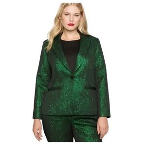 ELOQUII STUDIO Green Metallic Floral Jacquard Brocade Blazer Jacket, Size 16